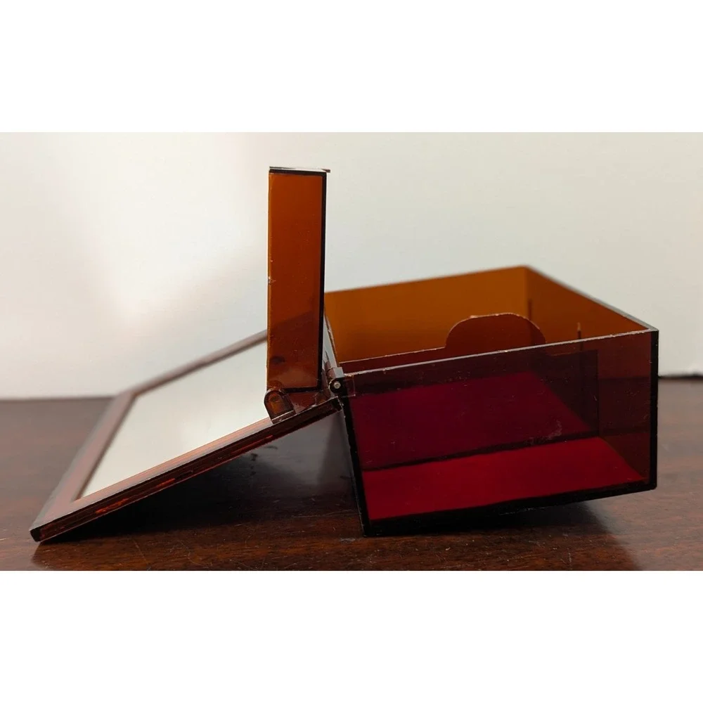 Vintage Floral Amber Acrylic Jewelry Box Mirrored Lid Lucite Style Trinket Box